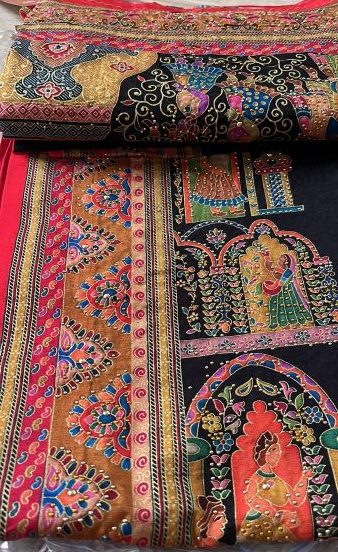 Position Print Saree with Narrative Motifs and Siroksi Work