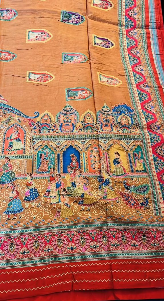 Position Print Saree with Narrative Motifs and Siroksi Work