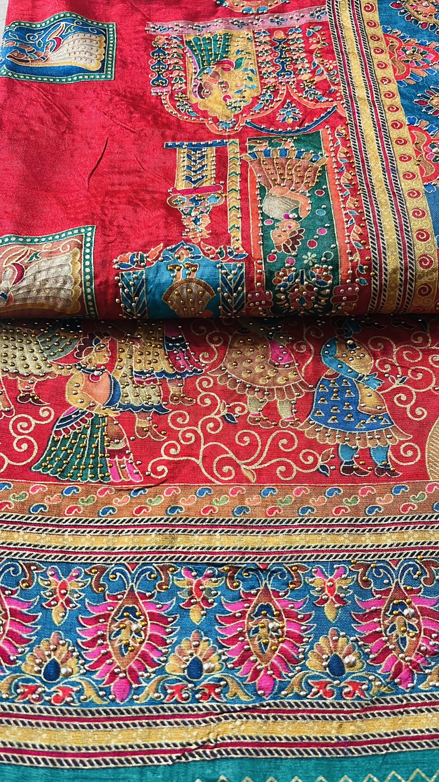 Position Print Saree with Narrative Motifs and Siroksi Work