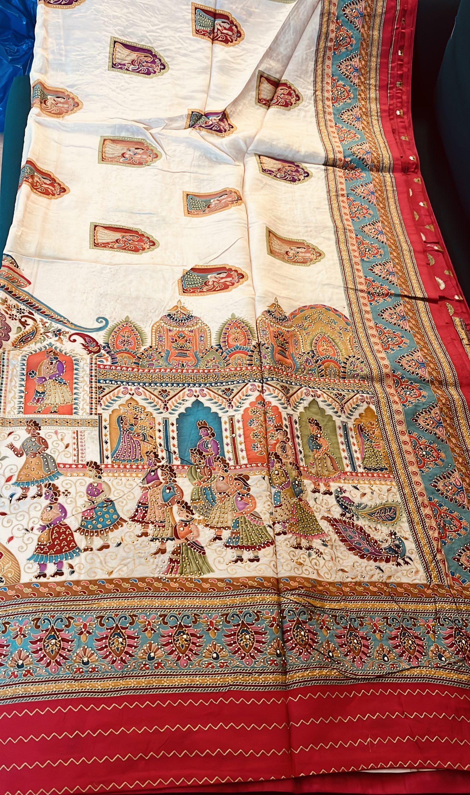Position Print Saree with Narrative Motifs and Siroksi Work