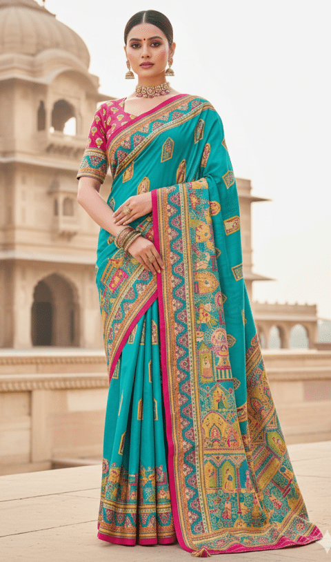 Position Print Saree with Narrative Motifs and Siroksi Work