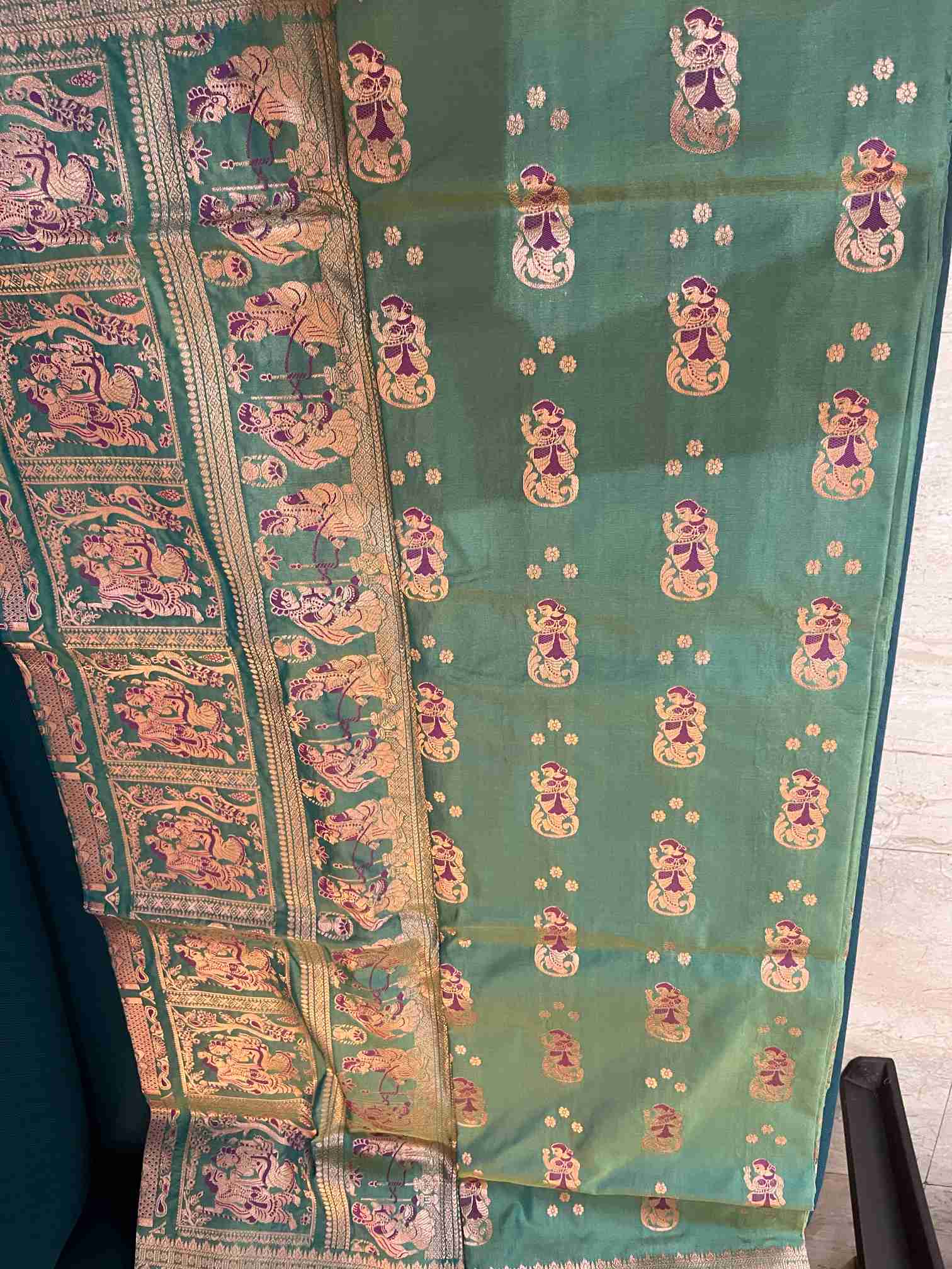 Swarnachari Silk Saree in Sea Green with Mythological Zari Panels