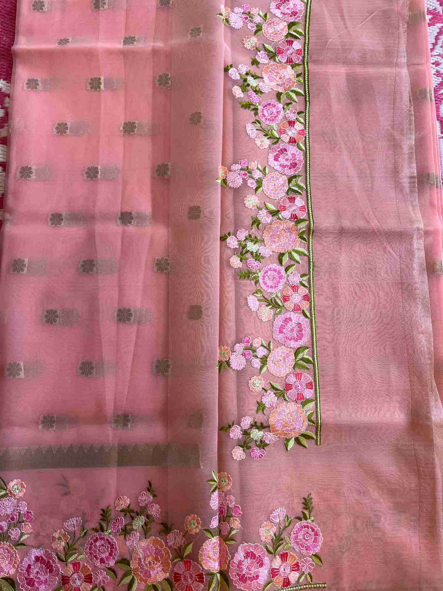 Organza Saree in Blush Pink with Floral Embroidery