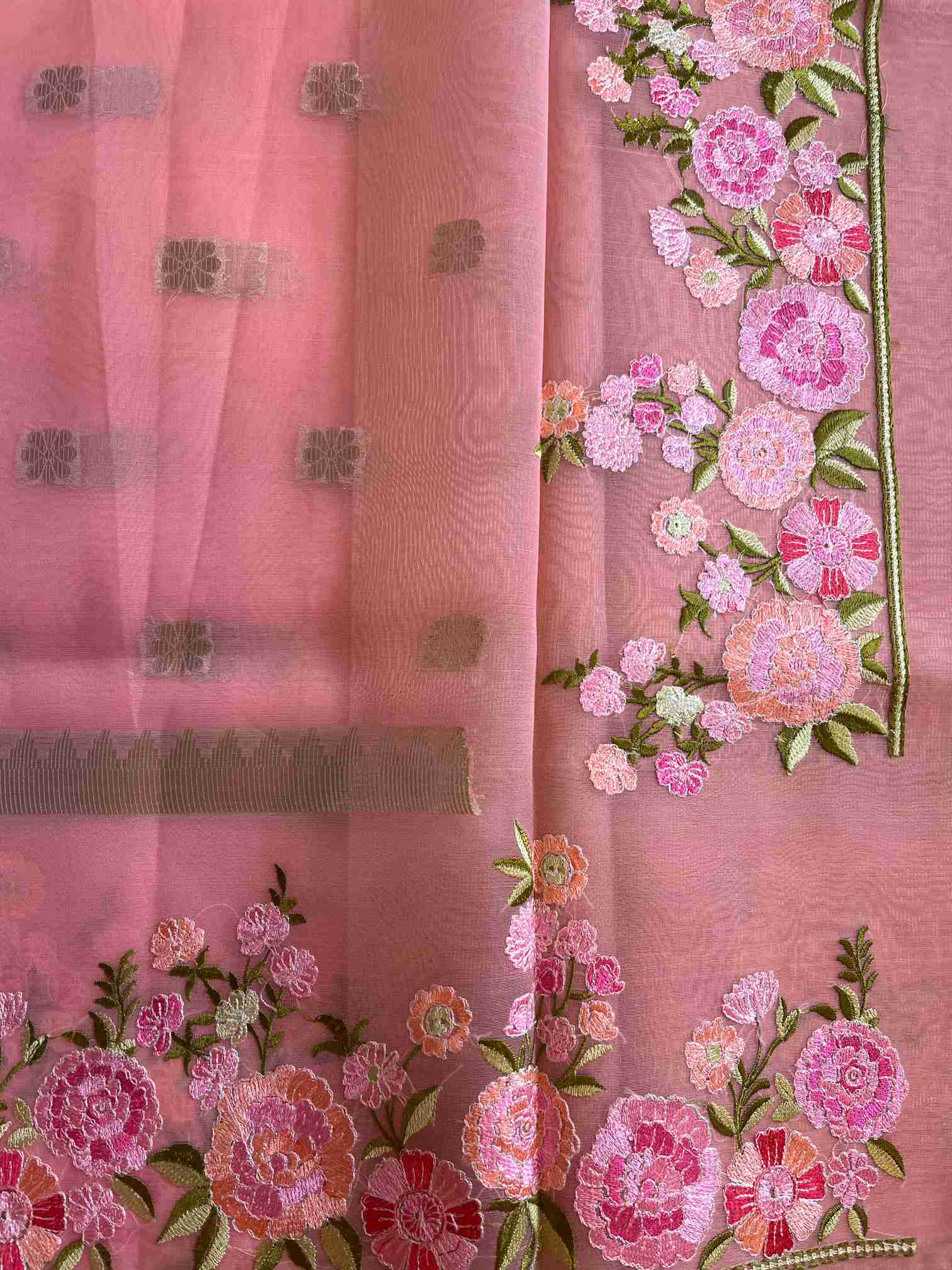 Organza Saree in Blush Pink with Floral Embroidery
