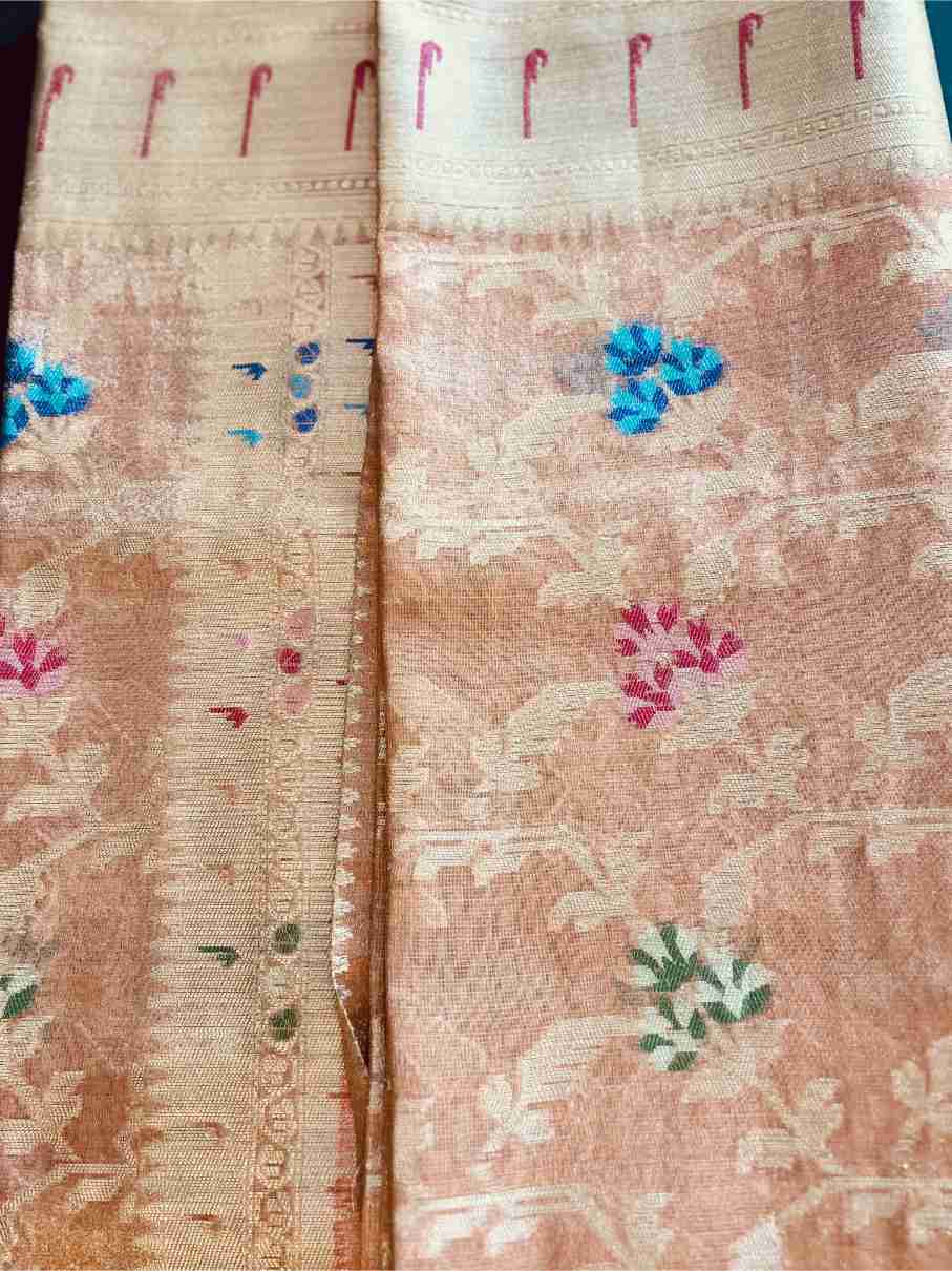 Tissue Silk Saree in Peach with Floral Buti Motifs