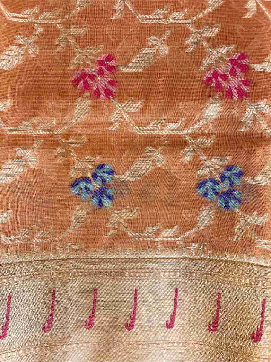 Tissue Silk Saree in Peach with Floral Buti Motifs
