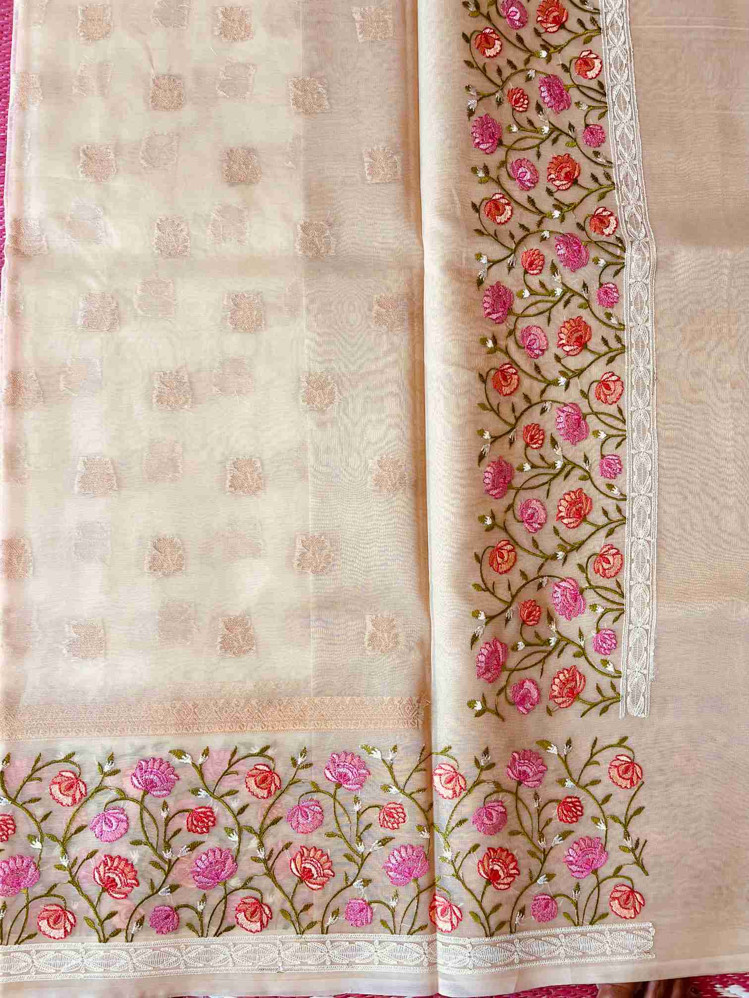 Organza Saree in Off White with Floral Embroidery