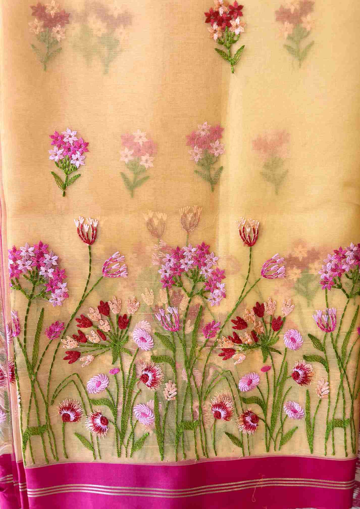 Organza Saree with Floral Embroidery and Buti Motifs