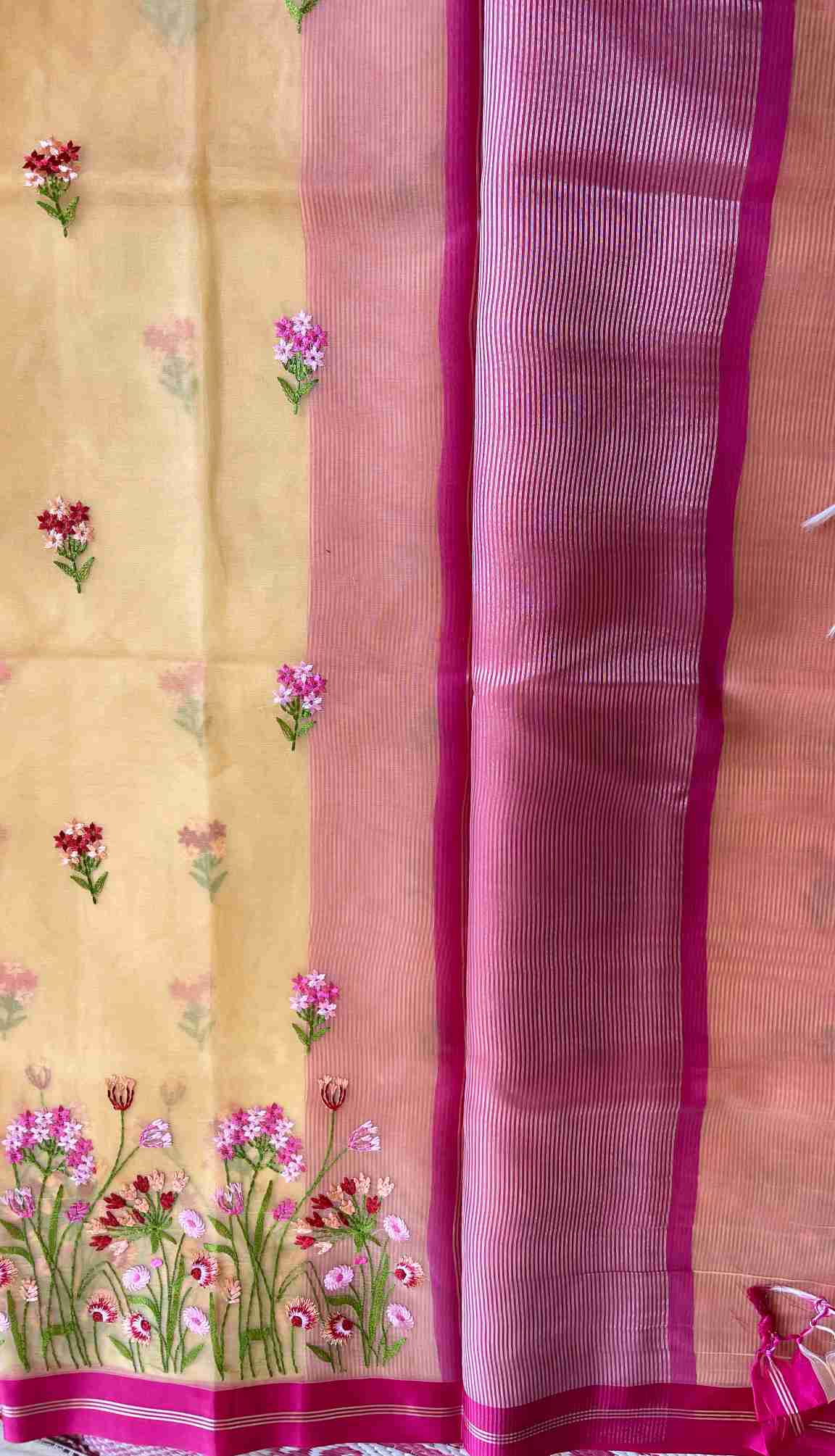 Organza Saree with Floral Embroidery and Buti Motifs