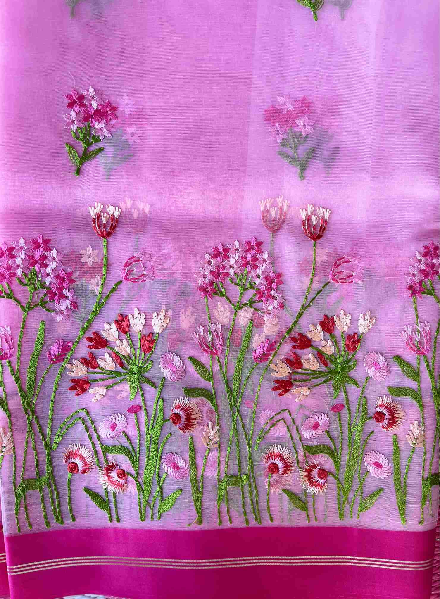 Organza Saree with Floral Embroidery and Buti Motifs