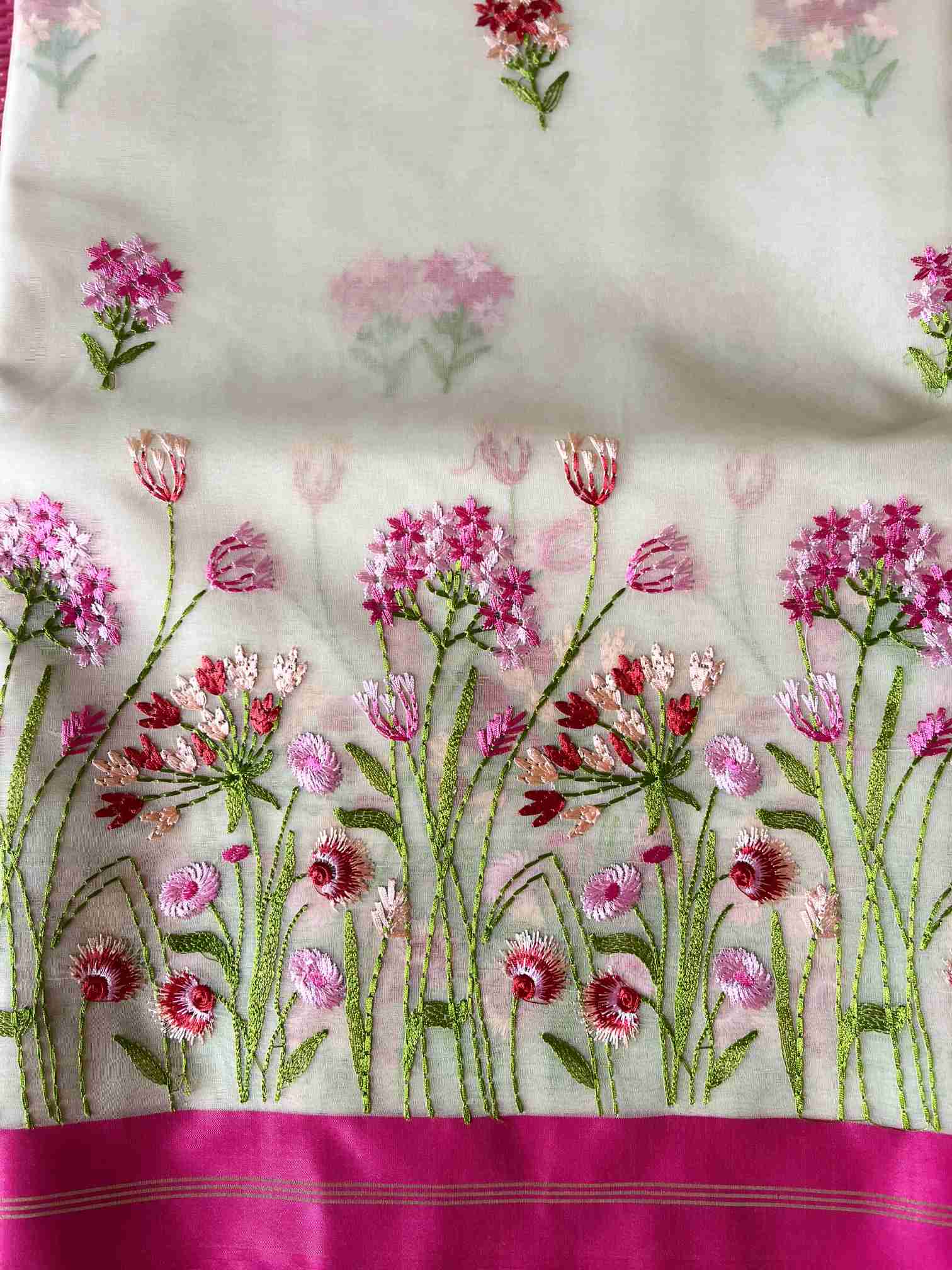 Organza Saree with Floral Embroidery and Buti Motifs