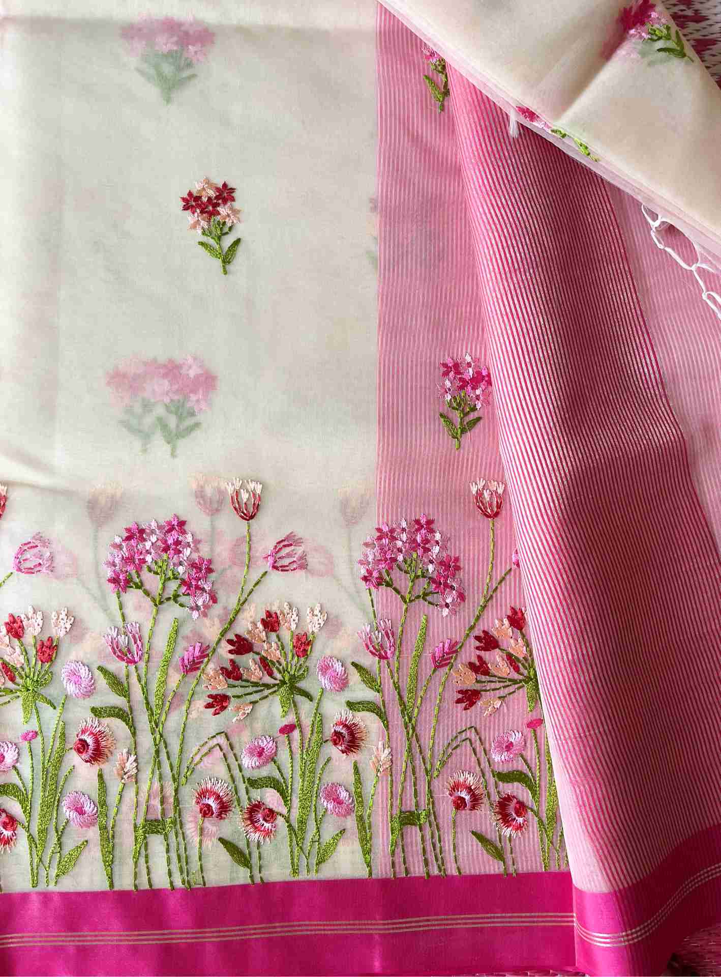 Organza Saree with Floral Embroidery and Buti Motifs