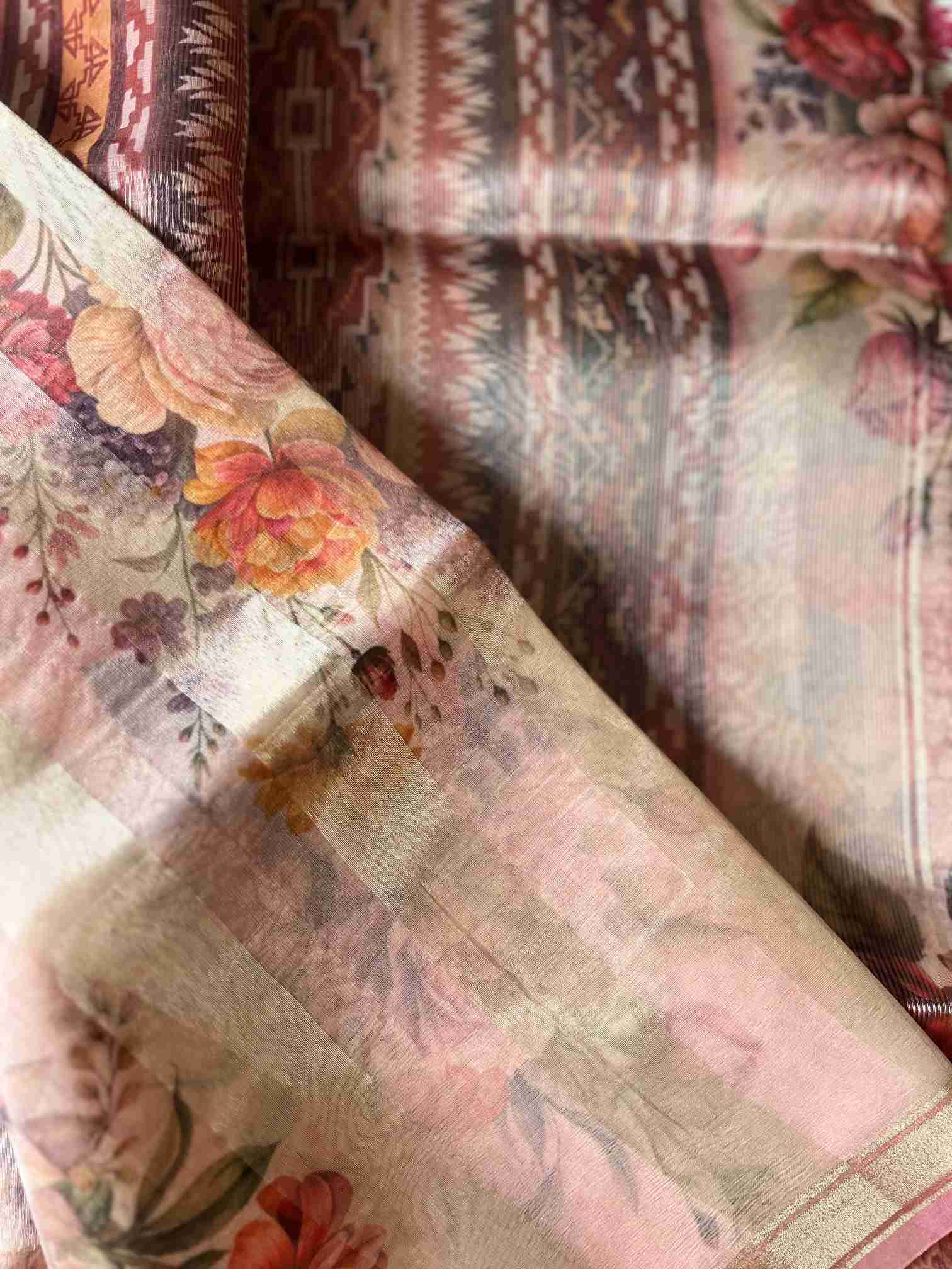 Organza Saree in Blush Pink with Floral Print and Woven Border