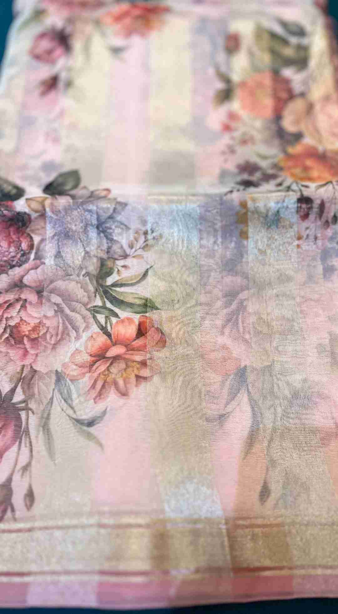 Organza Saree in Blush Pink with Floral Print and Woven Border