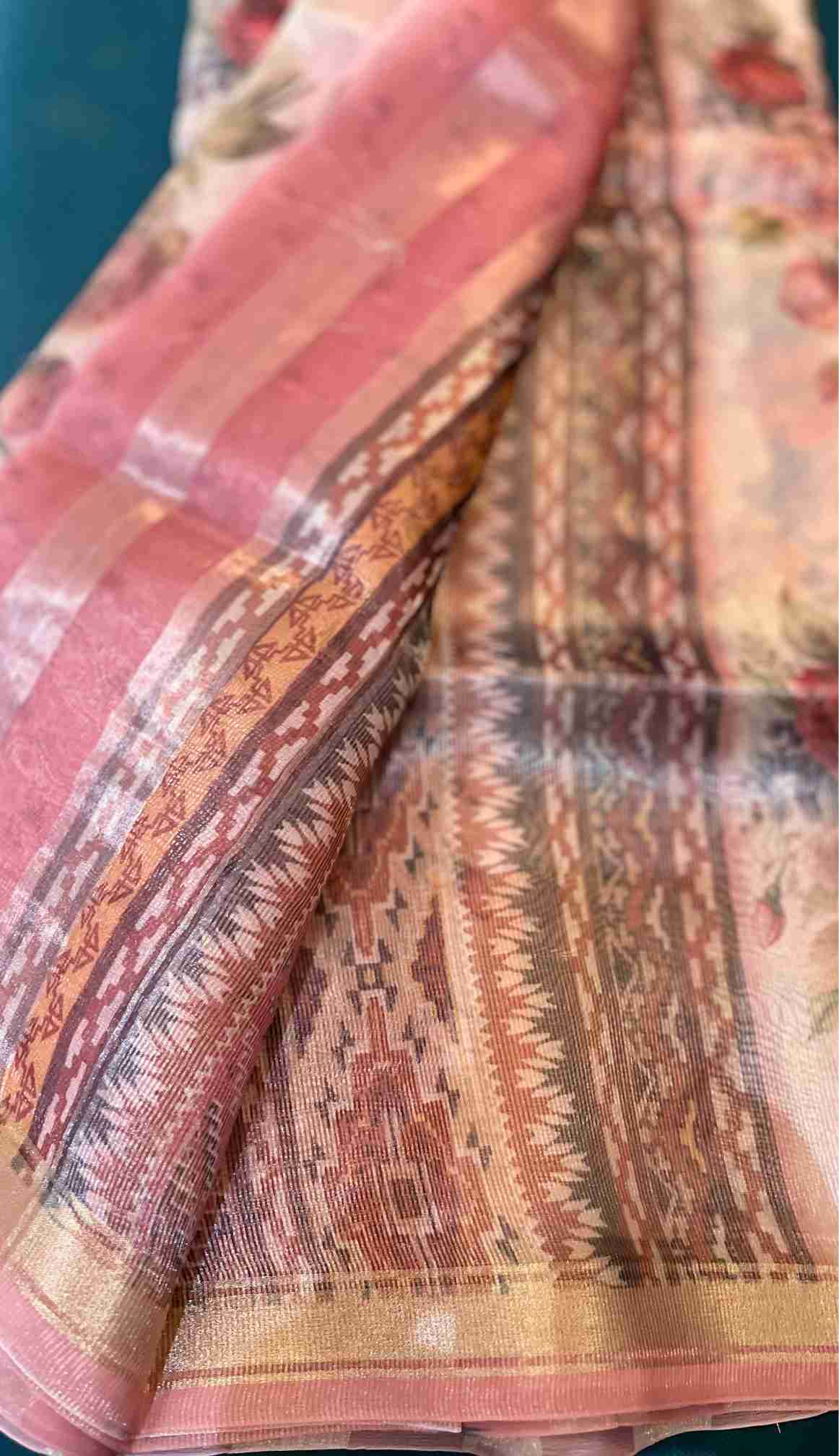 Organza Saree in Blush Pink with Floral Print and Woven Border