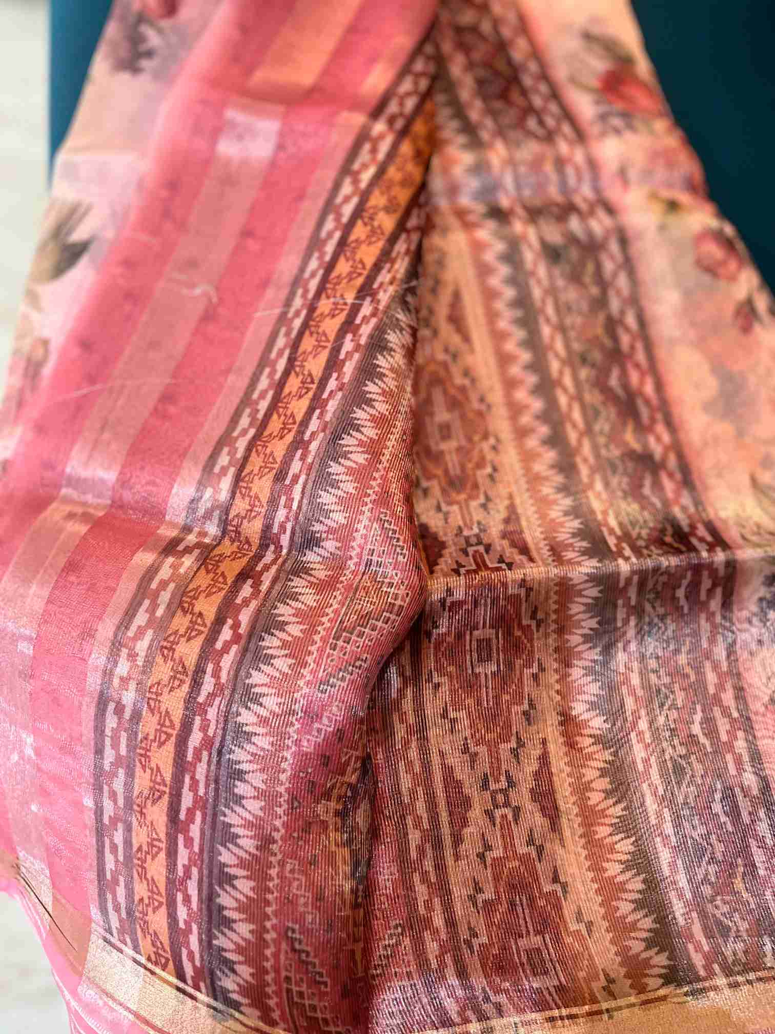 Organza Saree in Blush Pink with Floral Print and Woven Border