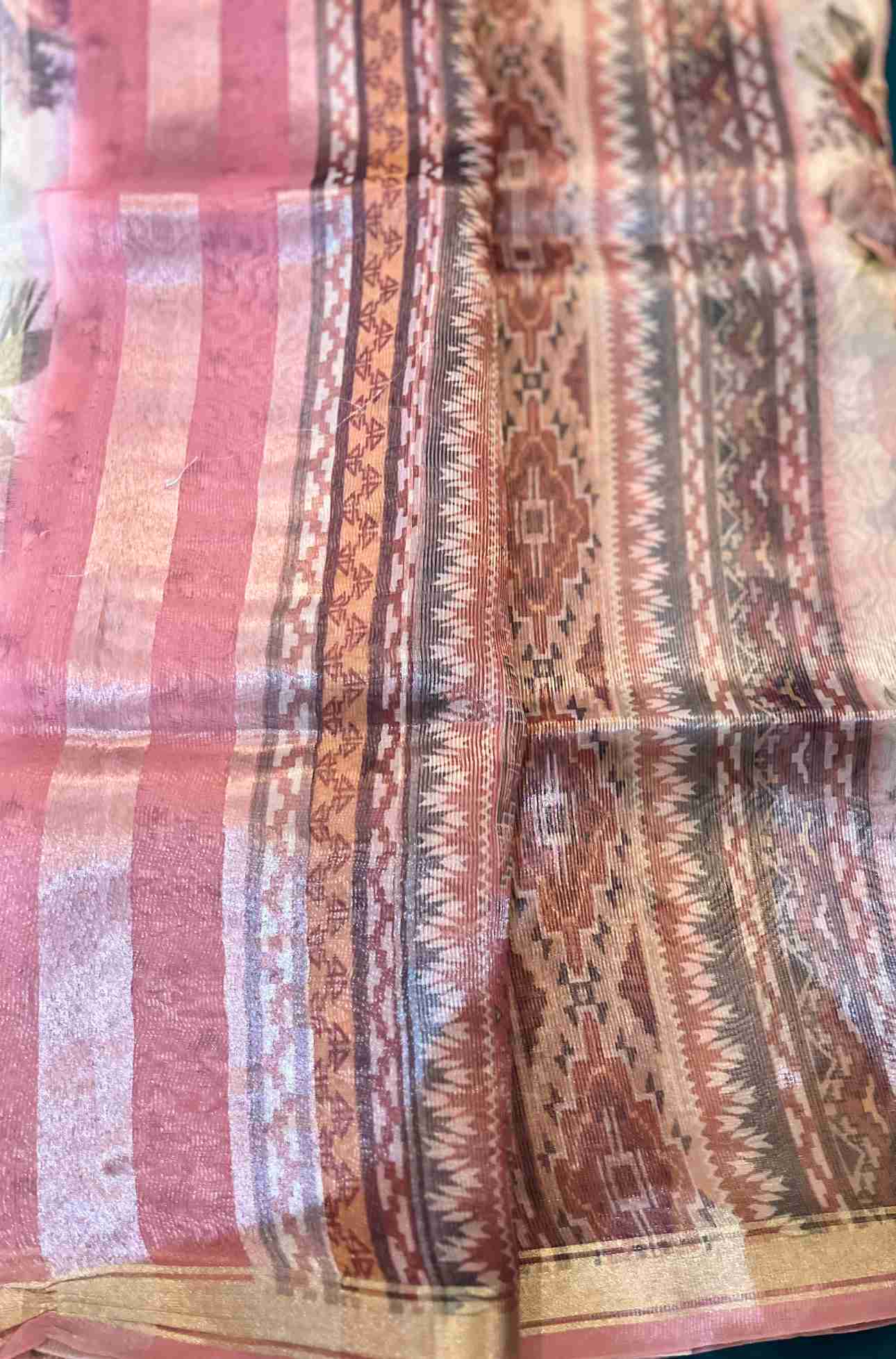 Organza Saree in Blush Pink with Floral Print and Woven Border
