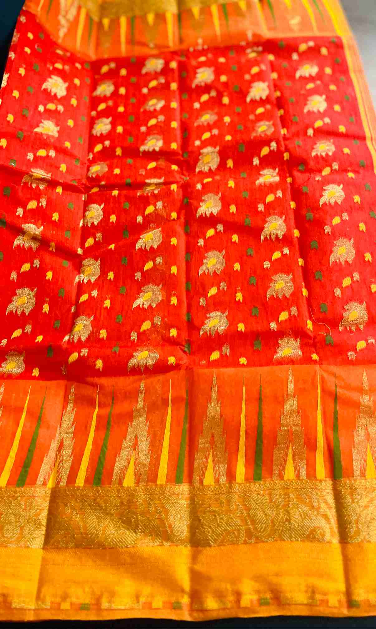 Bengal Tant Cotton Saree in Orange with Floral Motifs and Woven Border