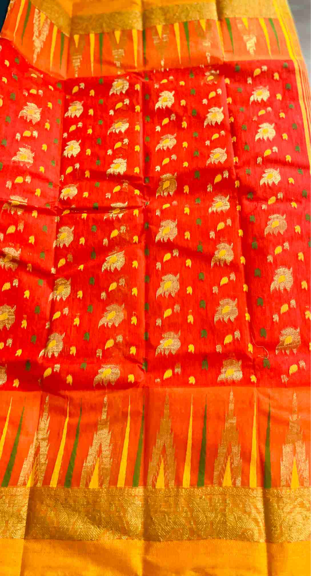 Bengal Tant Cotton Saree in Orange with Floral Motifs and Woven Border