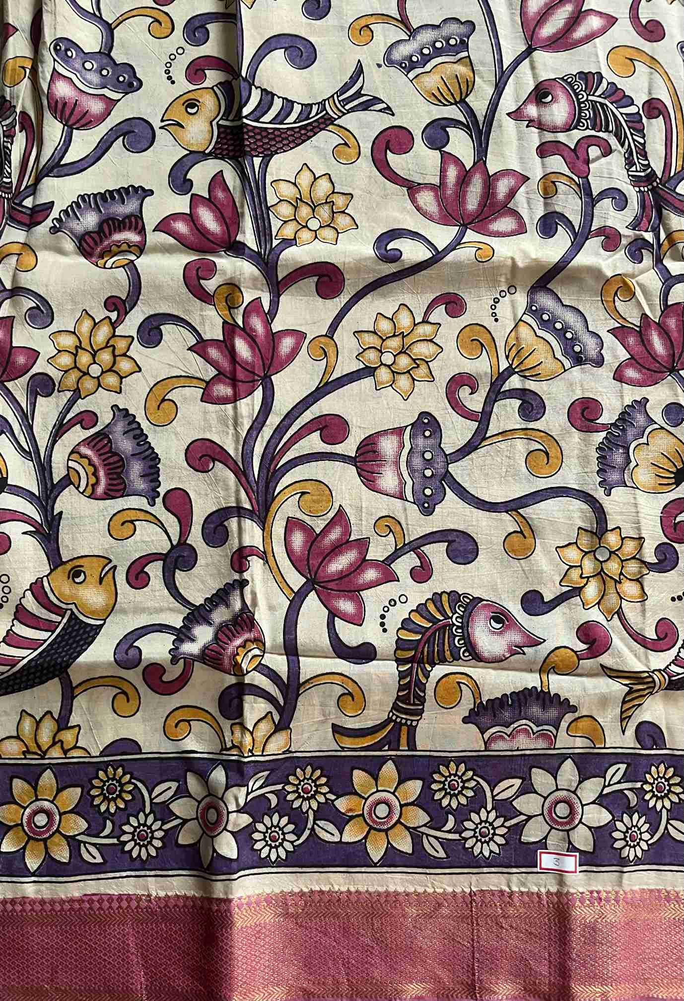 Kalamkari Silk Saree in Off White with Mythological Floral Motifs