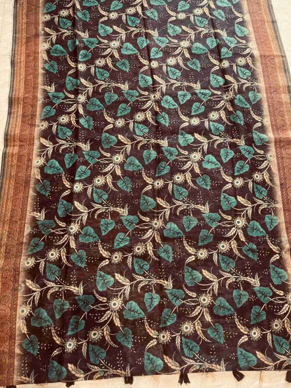 Kalamkari Silk Saree in Brown with Floral Motifs