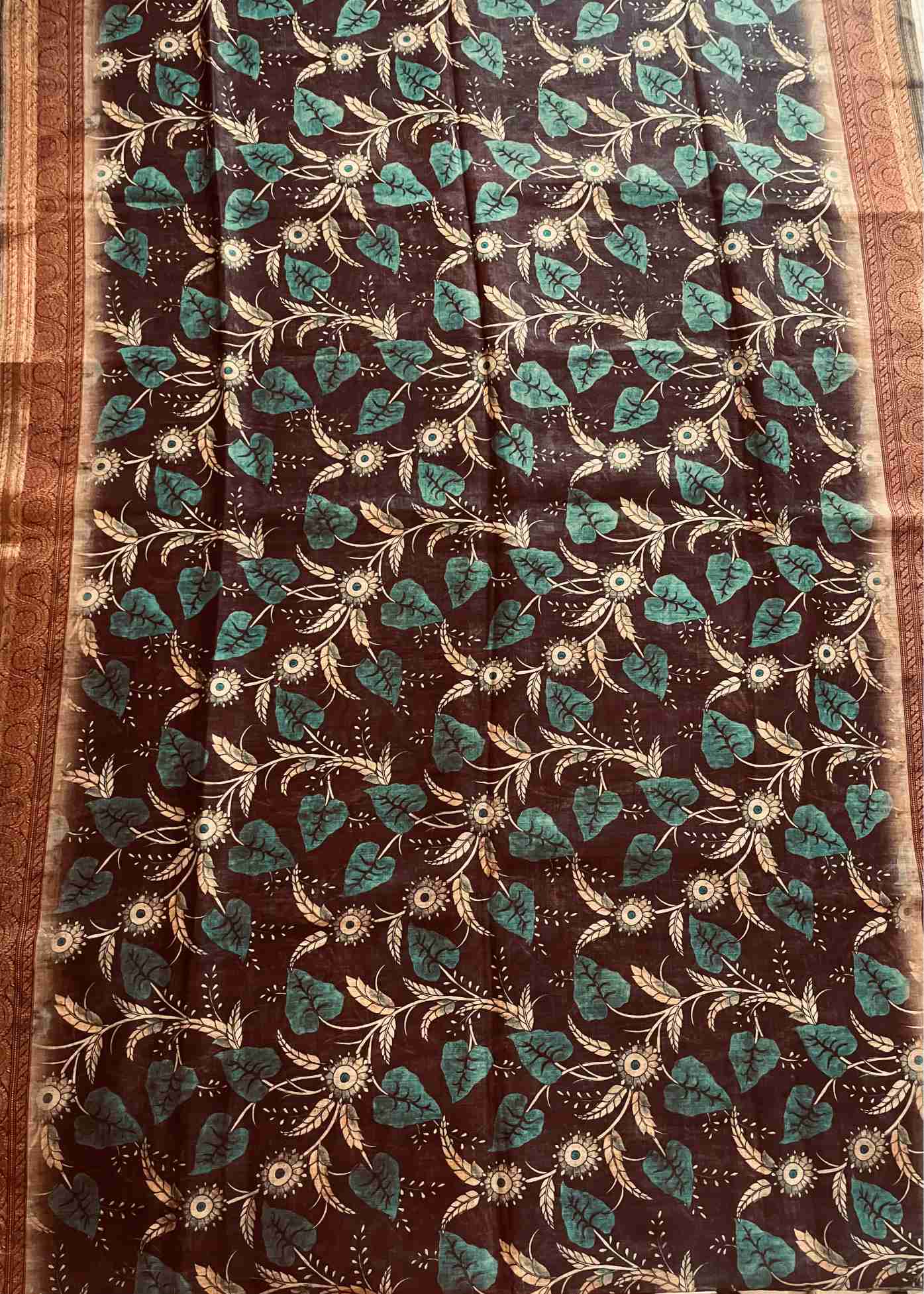 Kalamkari Silk Saree in Brown with Floral Motifs