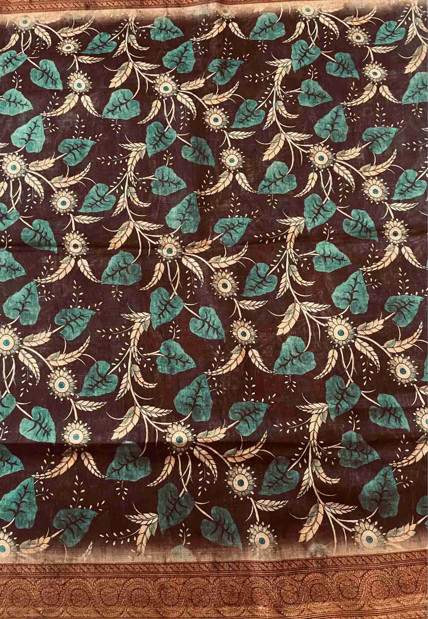 Kalamkari Silk Saree in Brown with Floral Motifs