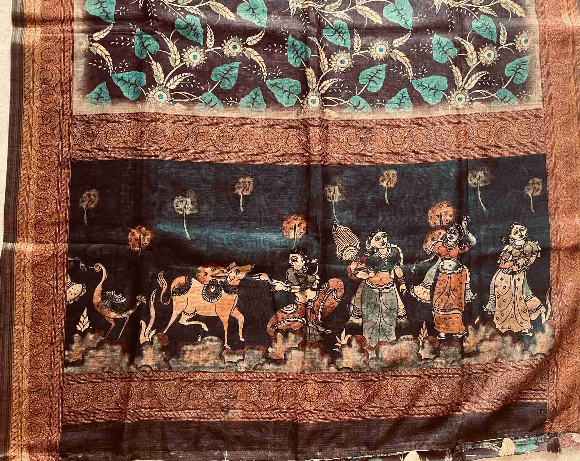 Kalamkari Silk Saree in Brown with Floral Motifs