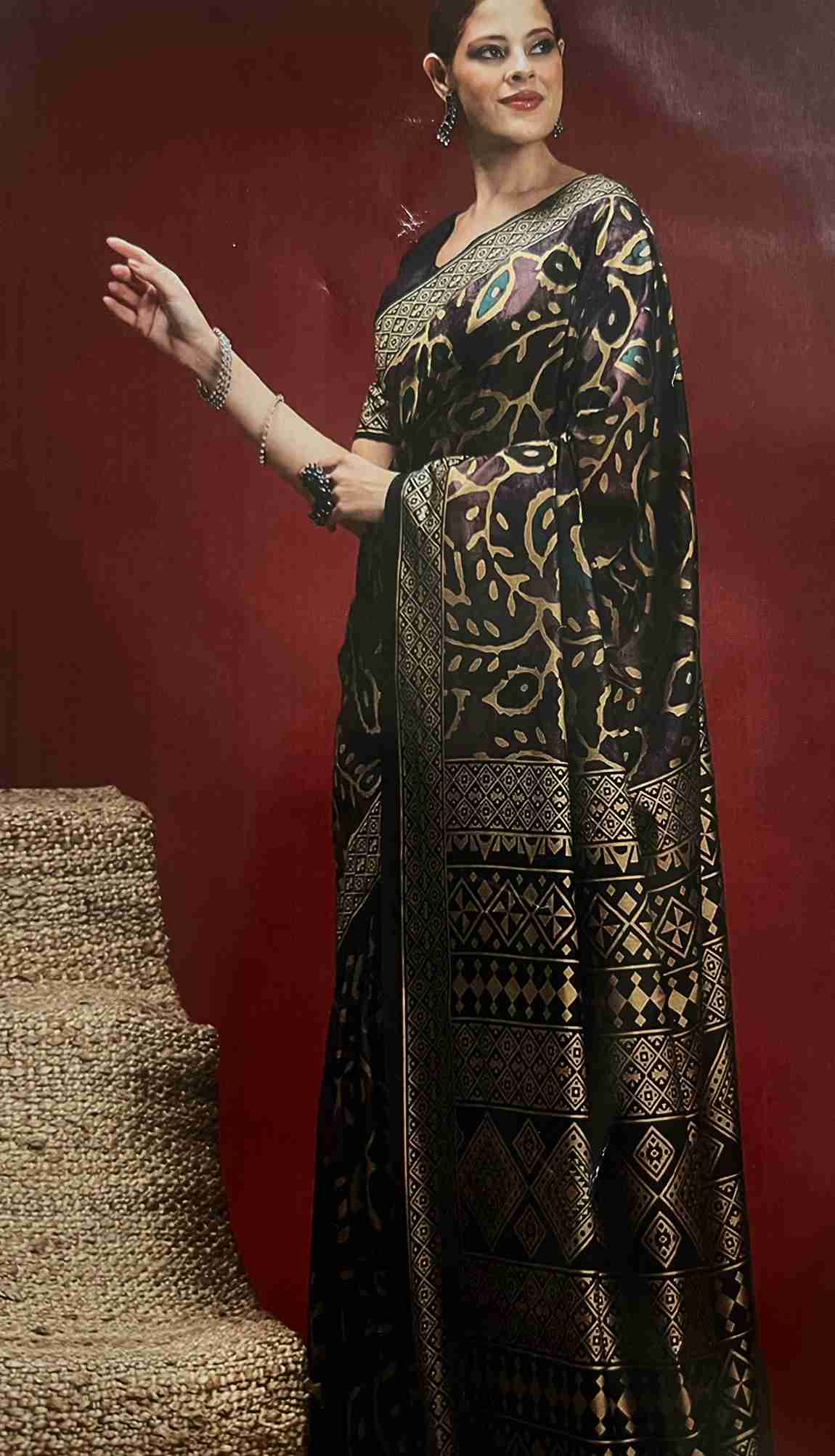 Ajrakh Printed Saree with Heritage Borders
