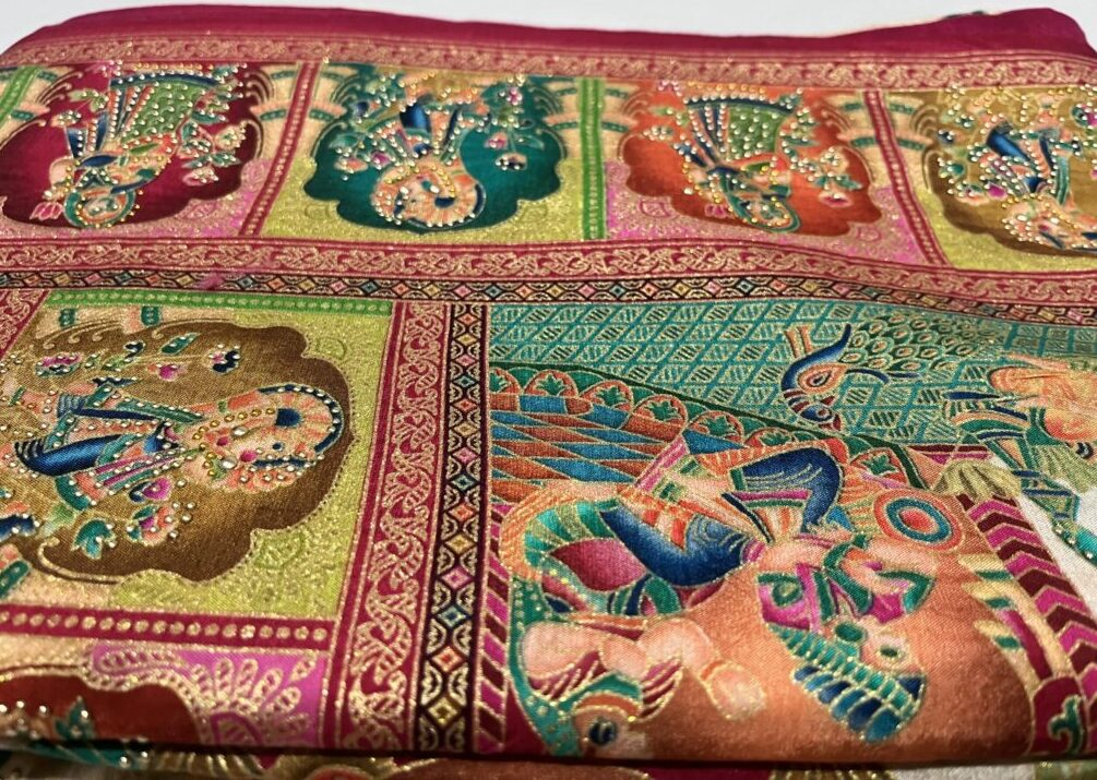 Position Print Saree with Narrative Motifs and Siroksi Work