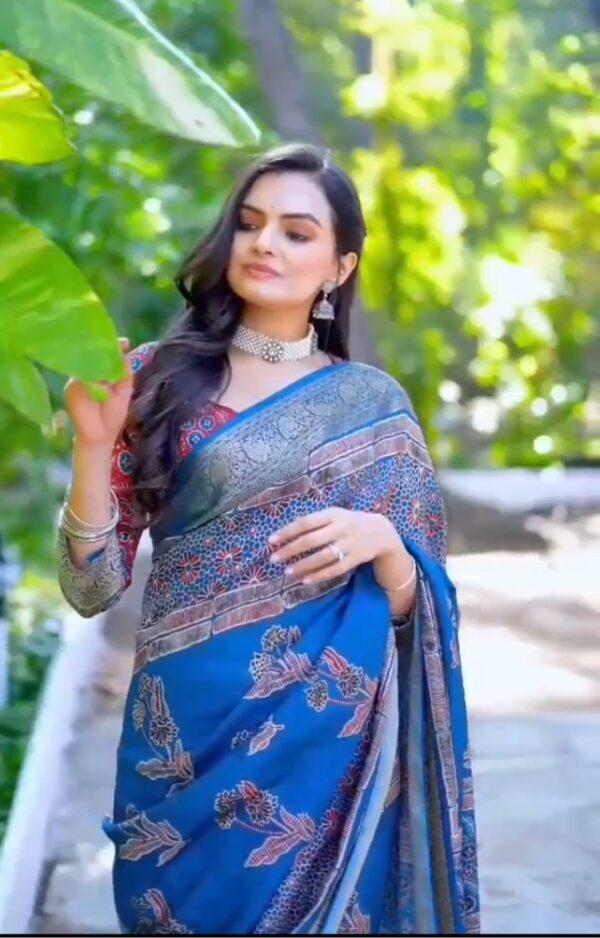 Ajrakh Print Saree in Viscose with Heritage Motifs