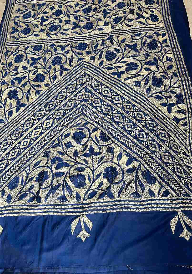 Kantha Stitch Collage Saree in Deep Blue with Artisanal Handwork