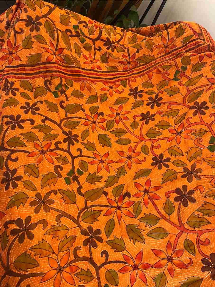Kantha Stitch Saree in Yellow with Handwork