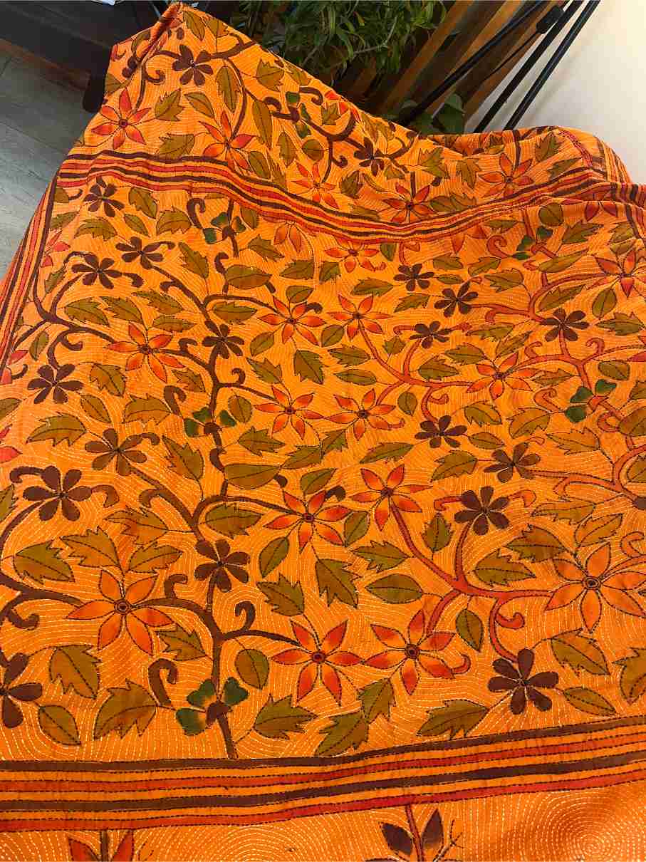Kantha Stitch Saree in Yellow with Handwork