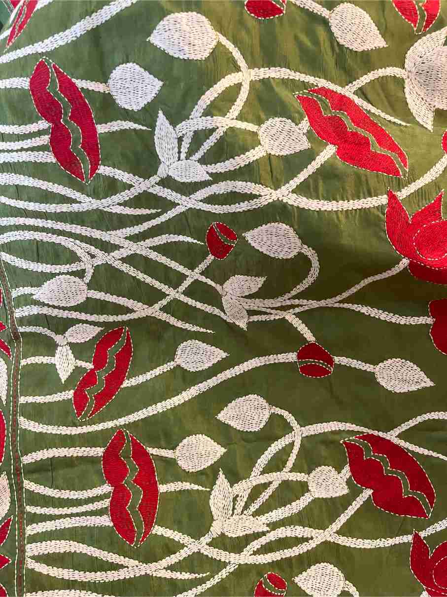 Kantha Stitch Saree in Green with Lotus Motifs