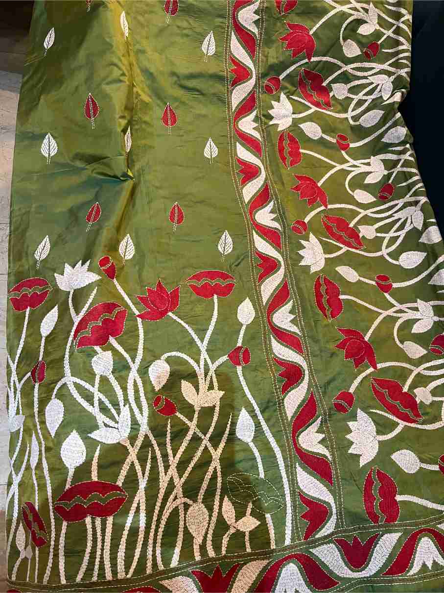 Kantha Stitch Saree in Green with Lotus Motifs