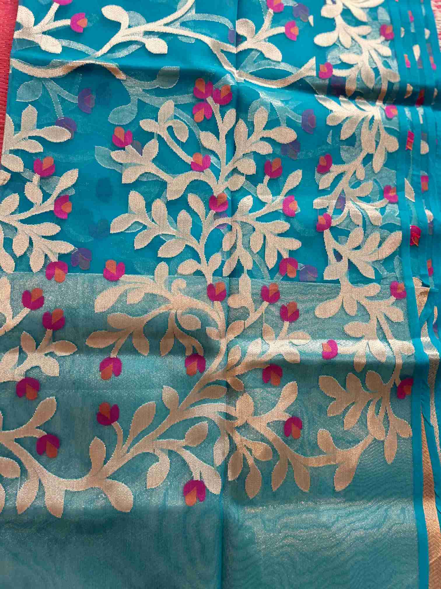 Organza Muslin Saree in Blue with Floral Embroidery