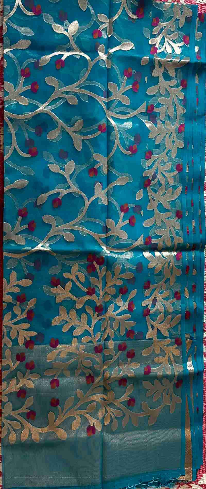 Organza Muslin Saree in Blue with Floral Embroidery