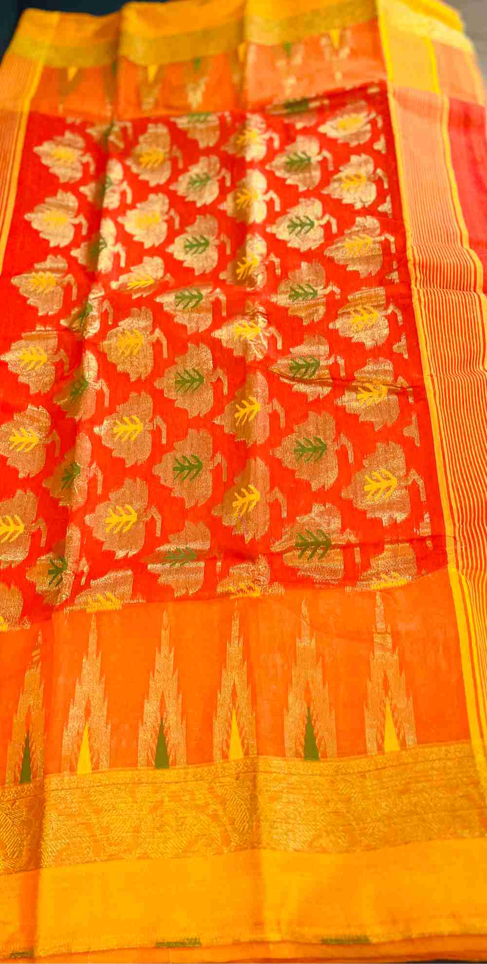 Bengal Tant Cotton Saree in Orange with Floral Motifs and Woven Border