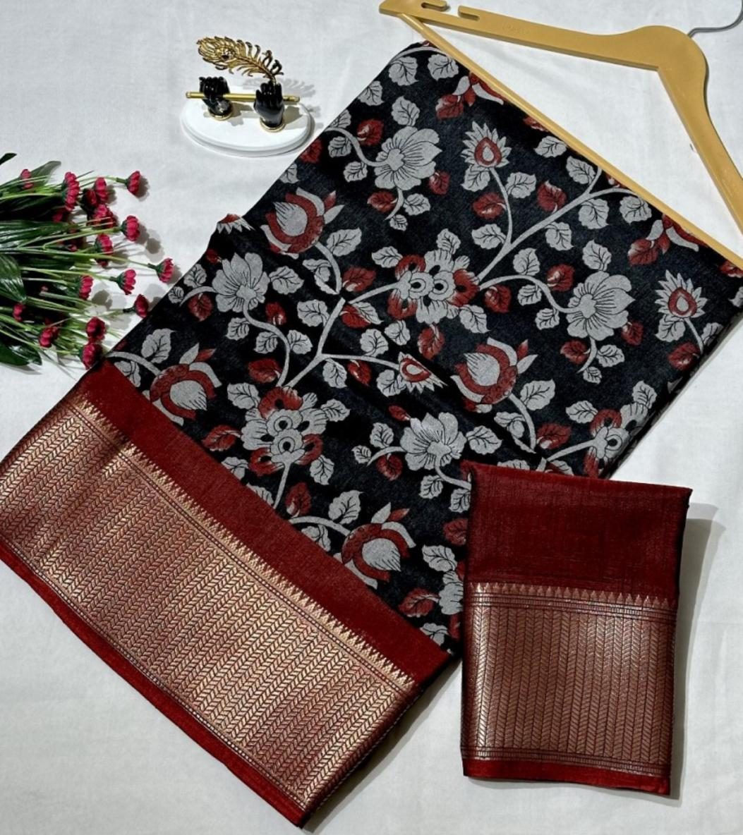 Mangalgiri Silk Saree in Black with Floral Motifs and Zari Border