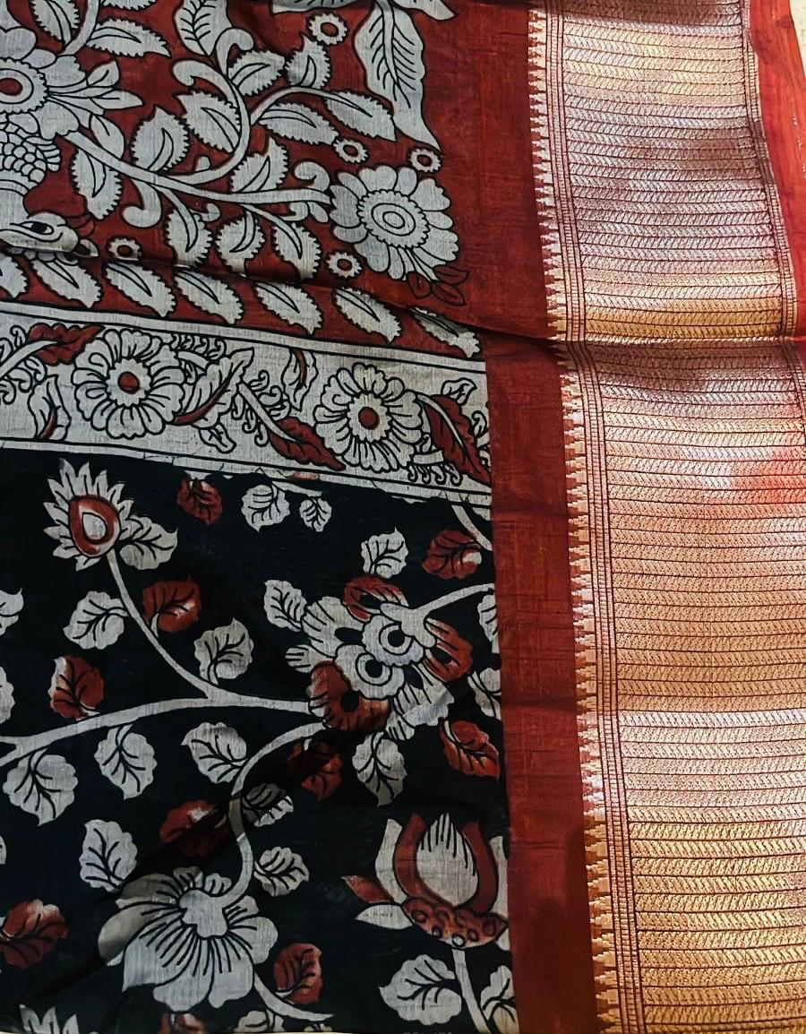 Mangalgiri Silk Saree in Black with Floral Motifs and Zari Border