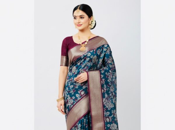 Mangalgiri Silk Saree in Blue with Floral Motifs and Zari Border