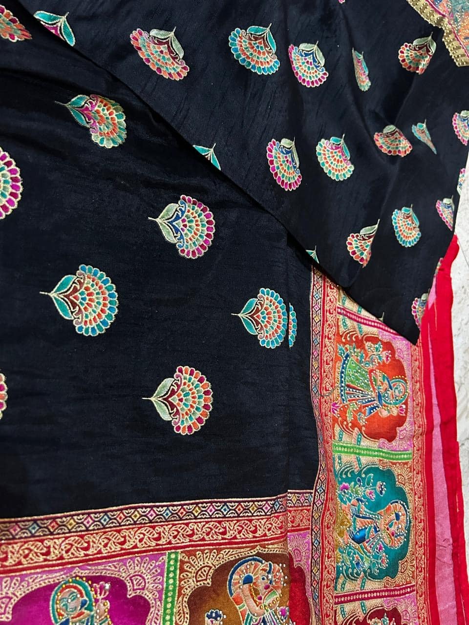 Position Print Saree with Narrative Motifs and Siroksi Work