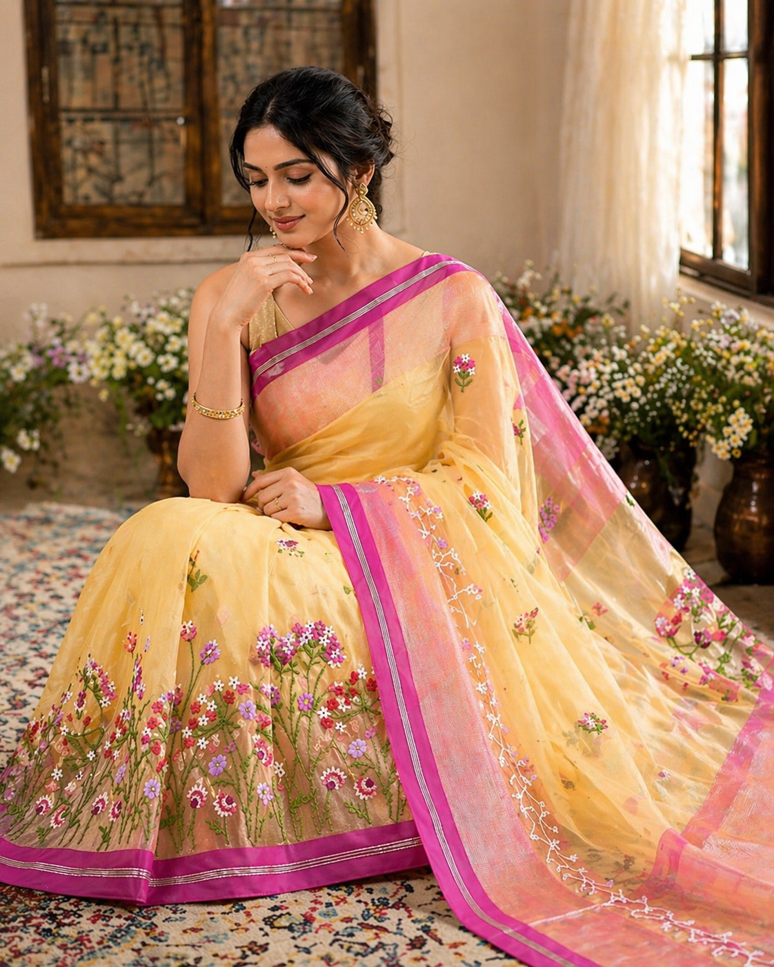 Organza Saree with Floral Embroidery and Buti Motifs