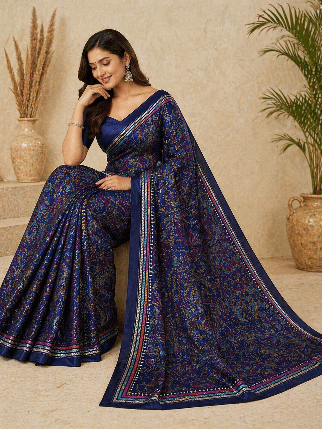Kantha Stitch Saree in Navy Blue with Reverse Stitch Detailing