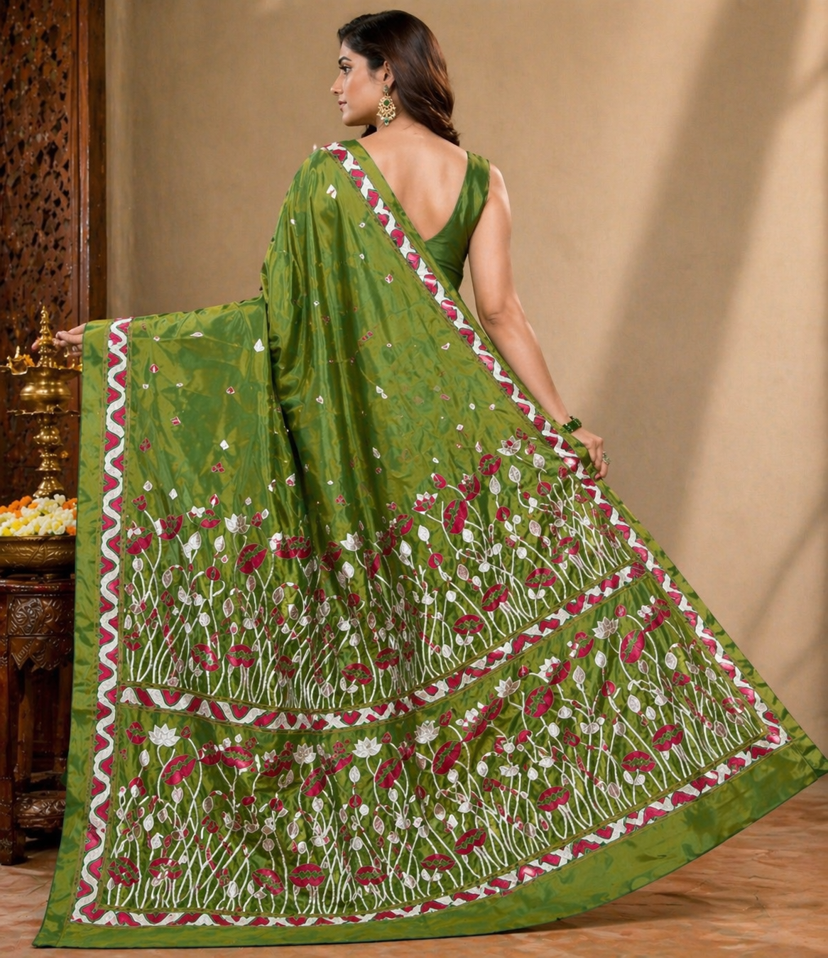 Kantha Stitch Saree in Green with Lotus Motifs