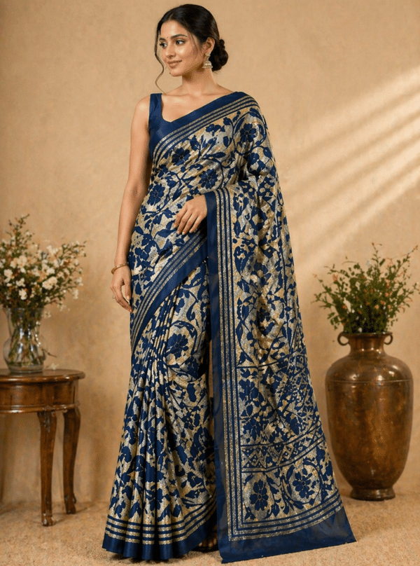 Kantha Stitch Collage Saree in Deep Blue with Artisanal Handwork
