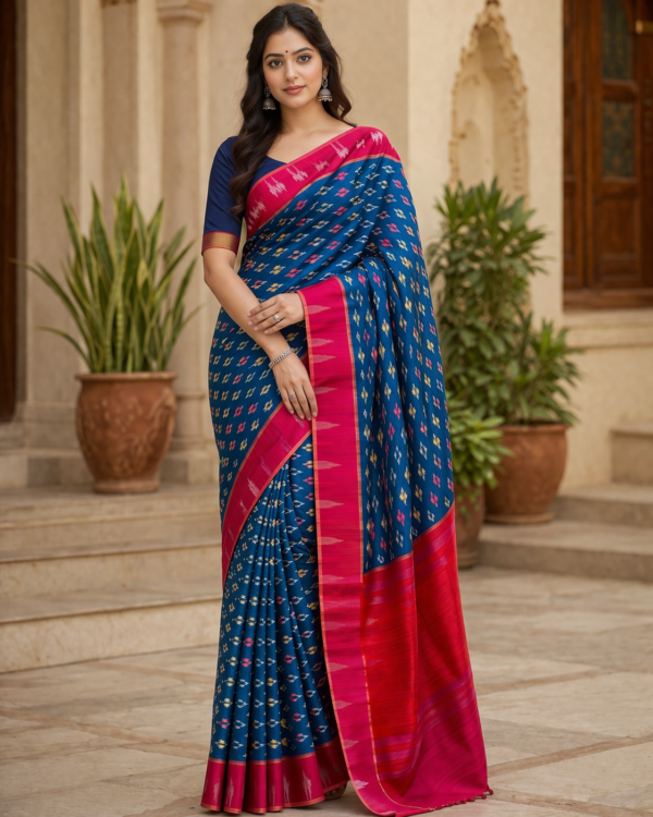 Pochampally Ikkat Silk Saree in Blue with Flaming Arrow Motifs