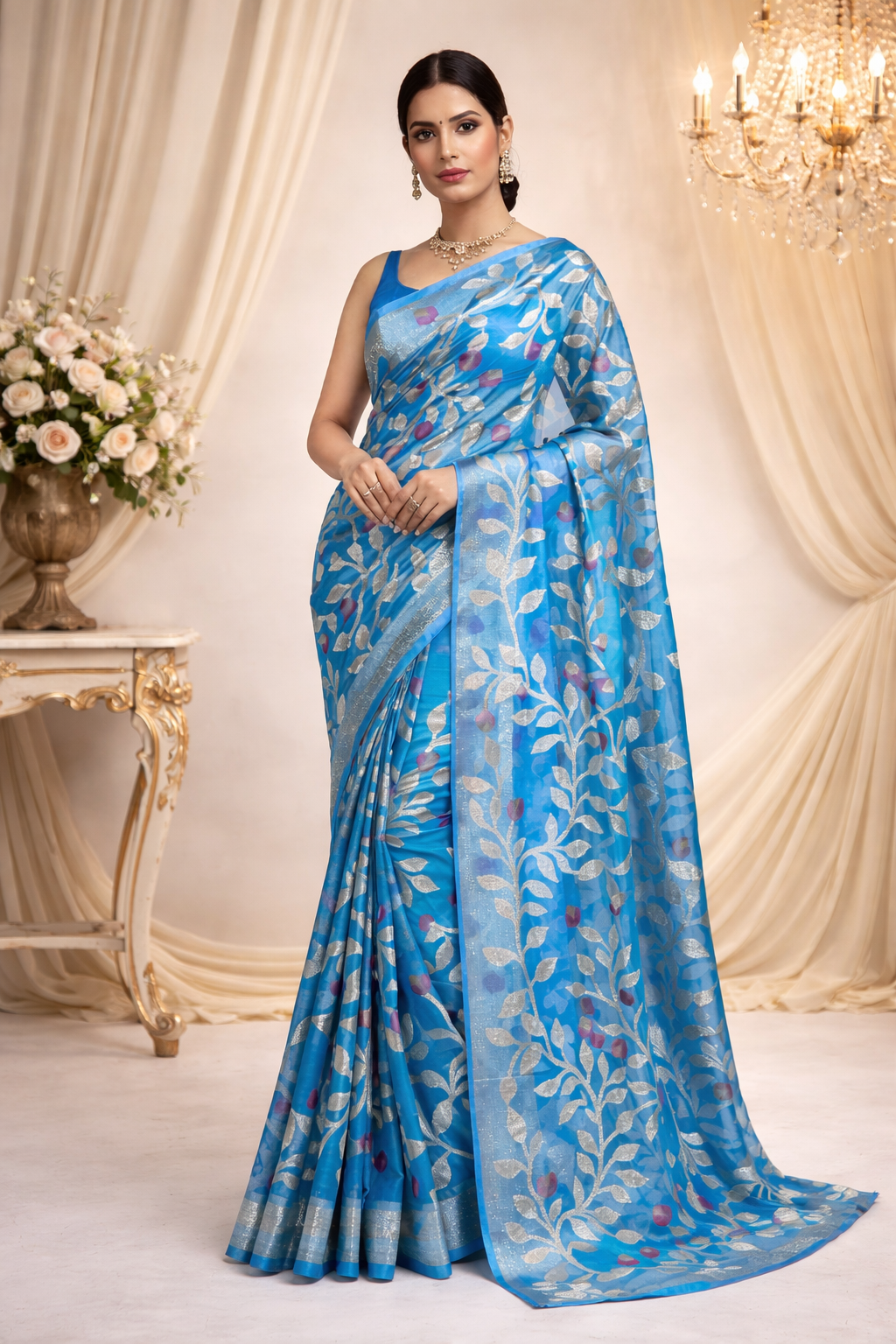 Organza Muslin Saree in Blue with Floral Embroidery
