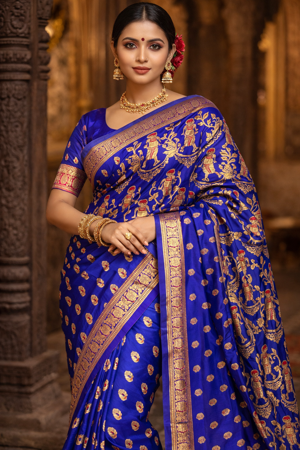 Swarnachari Silk Saree in Royal Blue with Mythological Zari Panels